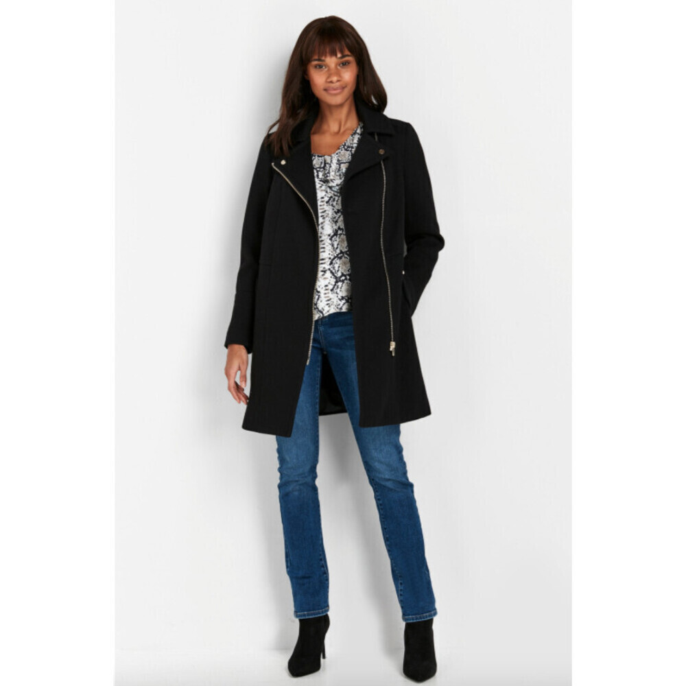Wallis Faux Leather Collar Longline Biker Coat In Black Size S